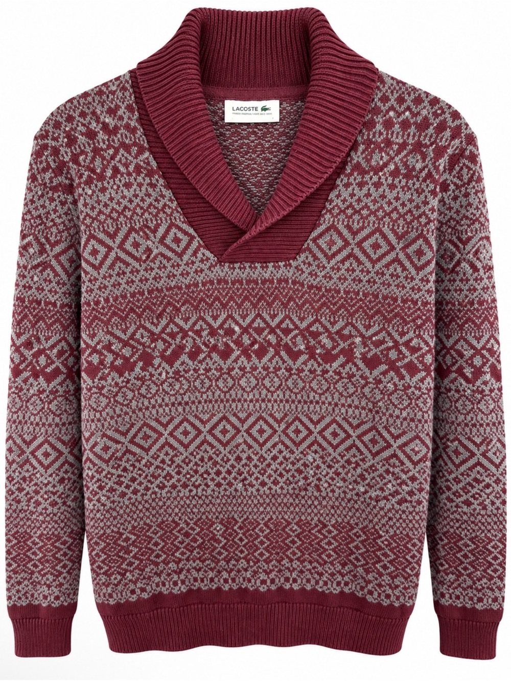 Lacoste men’s Shawl Collar Fair Isle Sweater - Wine and Light Gray